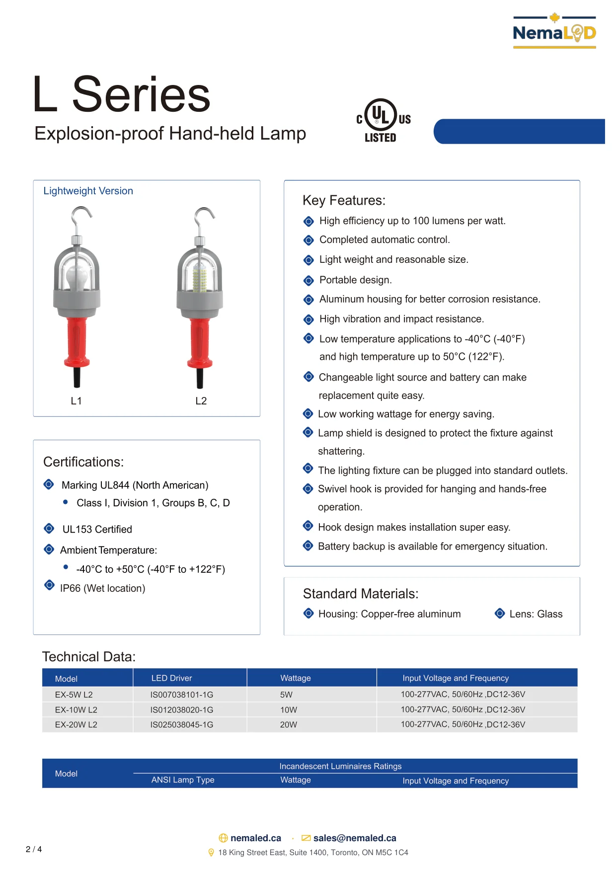 Explosion Proof L Series Drop Light spec sheet, page 2 of 4