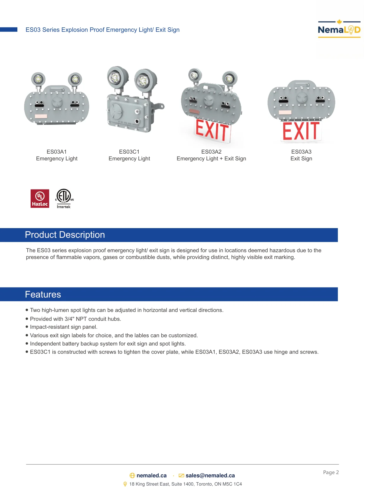 ES03 Emergency Light / Exit Sign spec sheet, page 2 of 10
