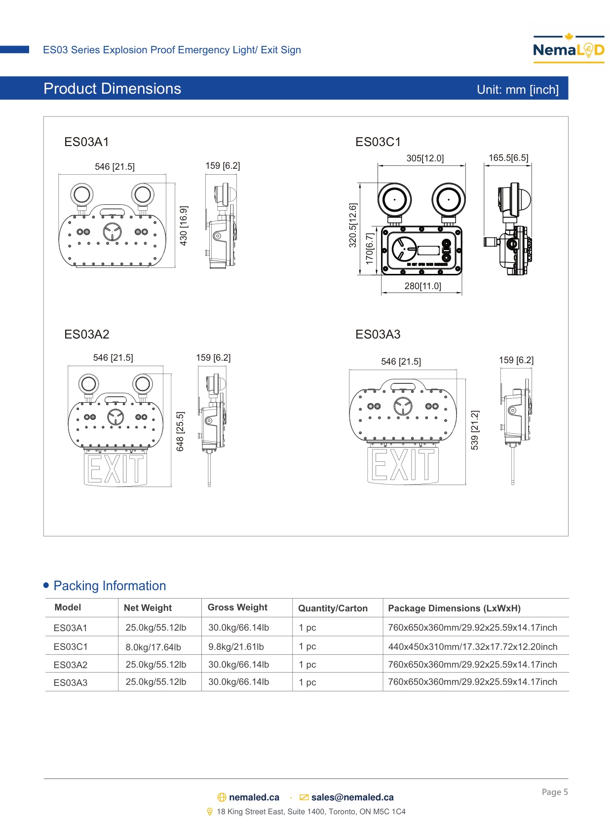 ES03 Emergency Light / Exit Sign spec sheet, page 5 of 10