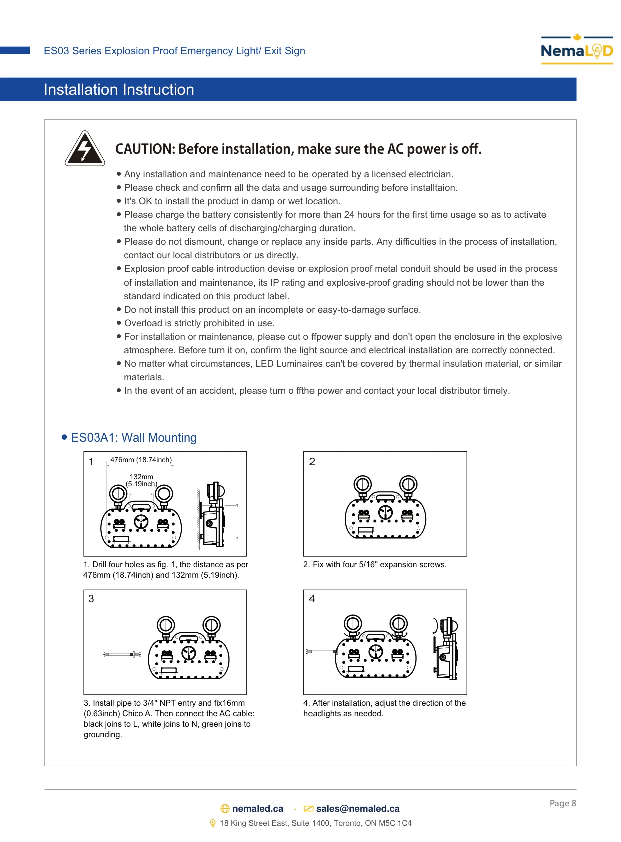 ES03 Emergency Light / Exit Sign spec sheet, page 8 of 10