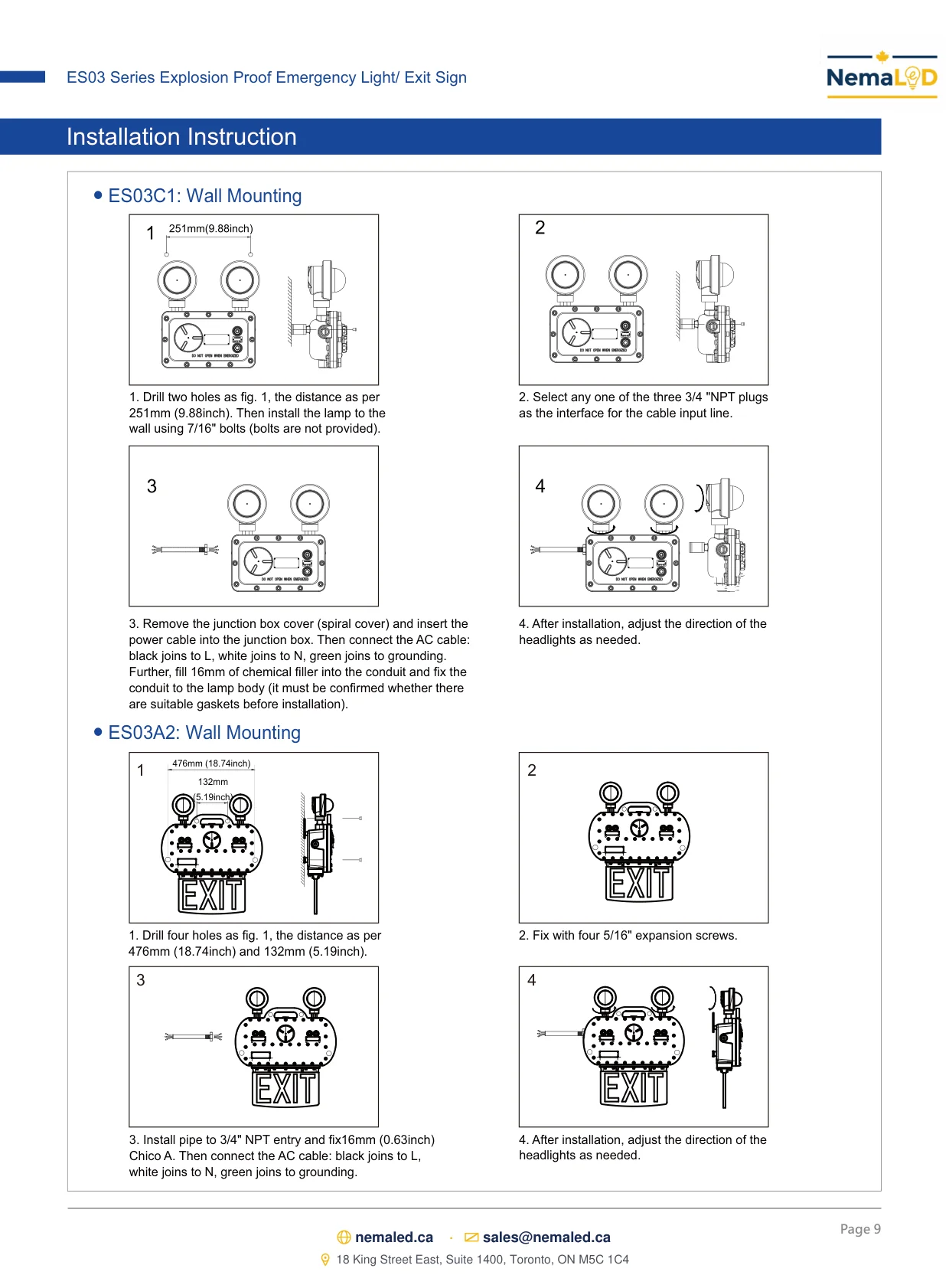 ES03 Emergency Light / Exit Sign spec sheet, page 9 of 10