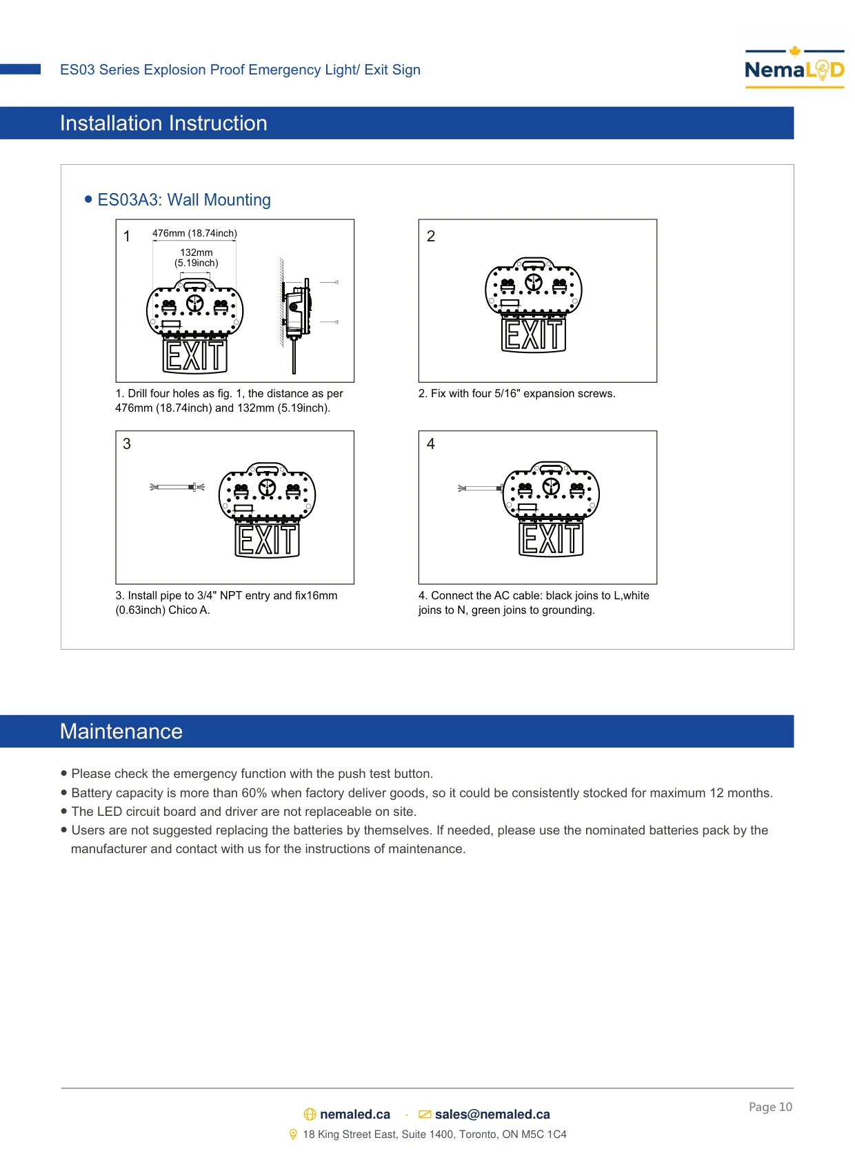 ES03 Emergency Light / Exit Sign spec sheet, page 10 of 10
