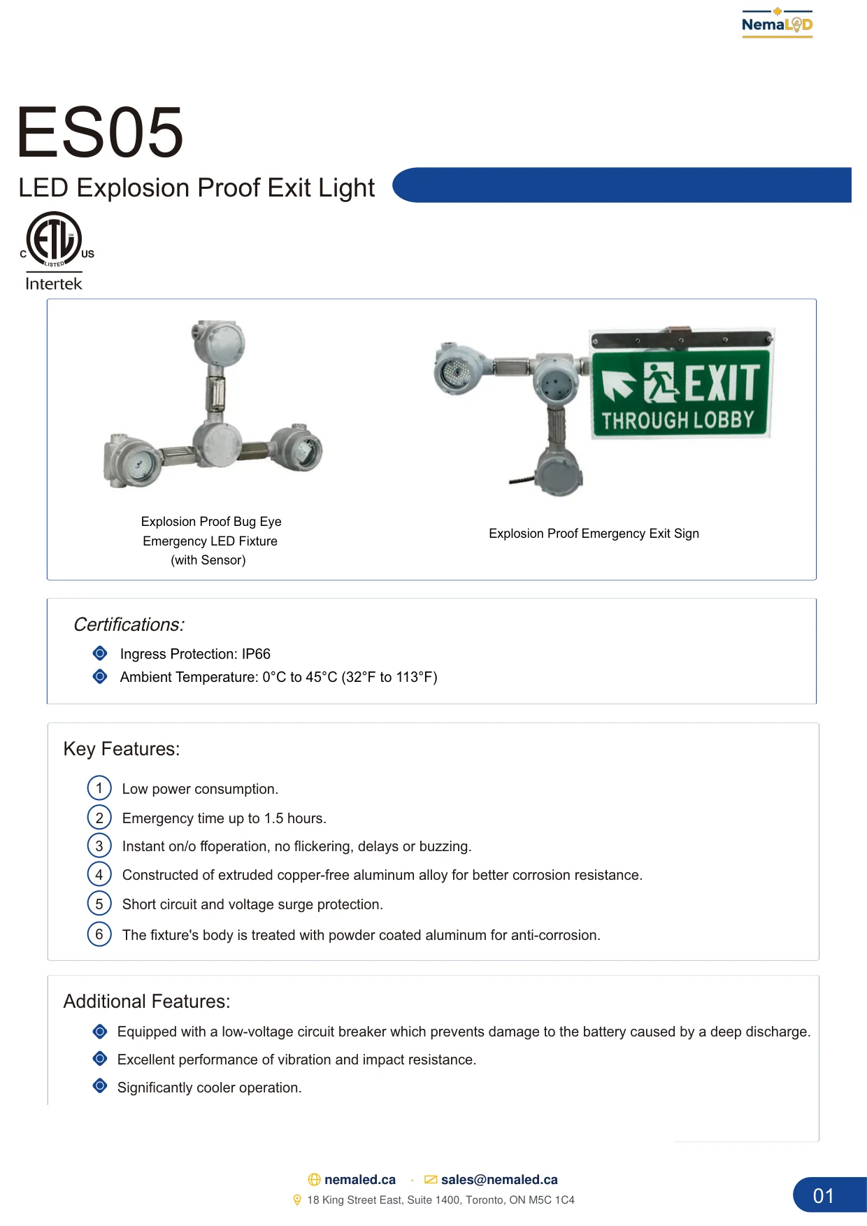 ES05 Exit Sign spec sheet, page 2 of 4