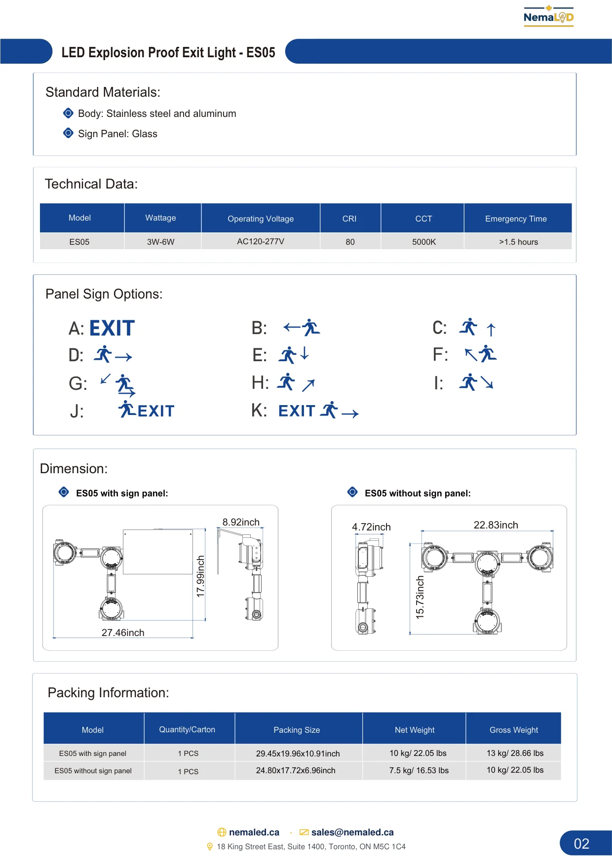 ES05 Exit Sign spec sheet, page 3 of 4