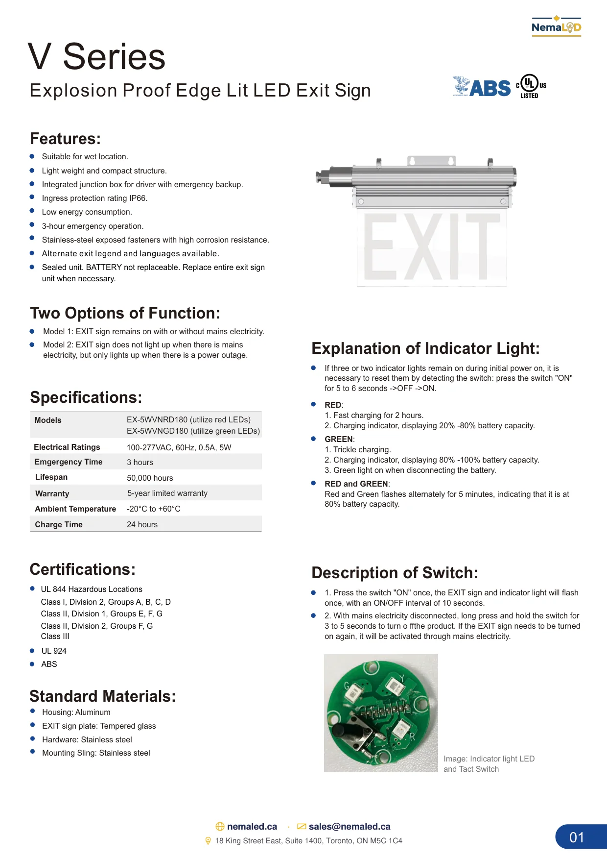 V-Series Exit Sign spec sheet, page 2 of 3