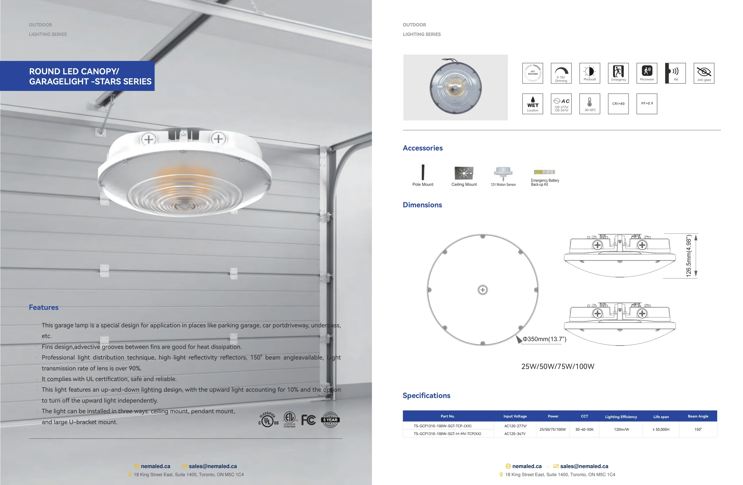Round LED Canopy Garagelight Stars Series spec sheet, page 1 of 1