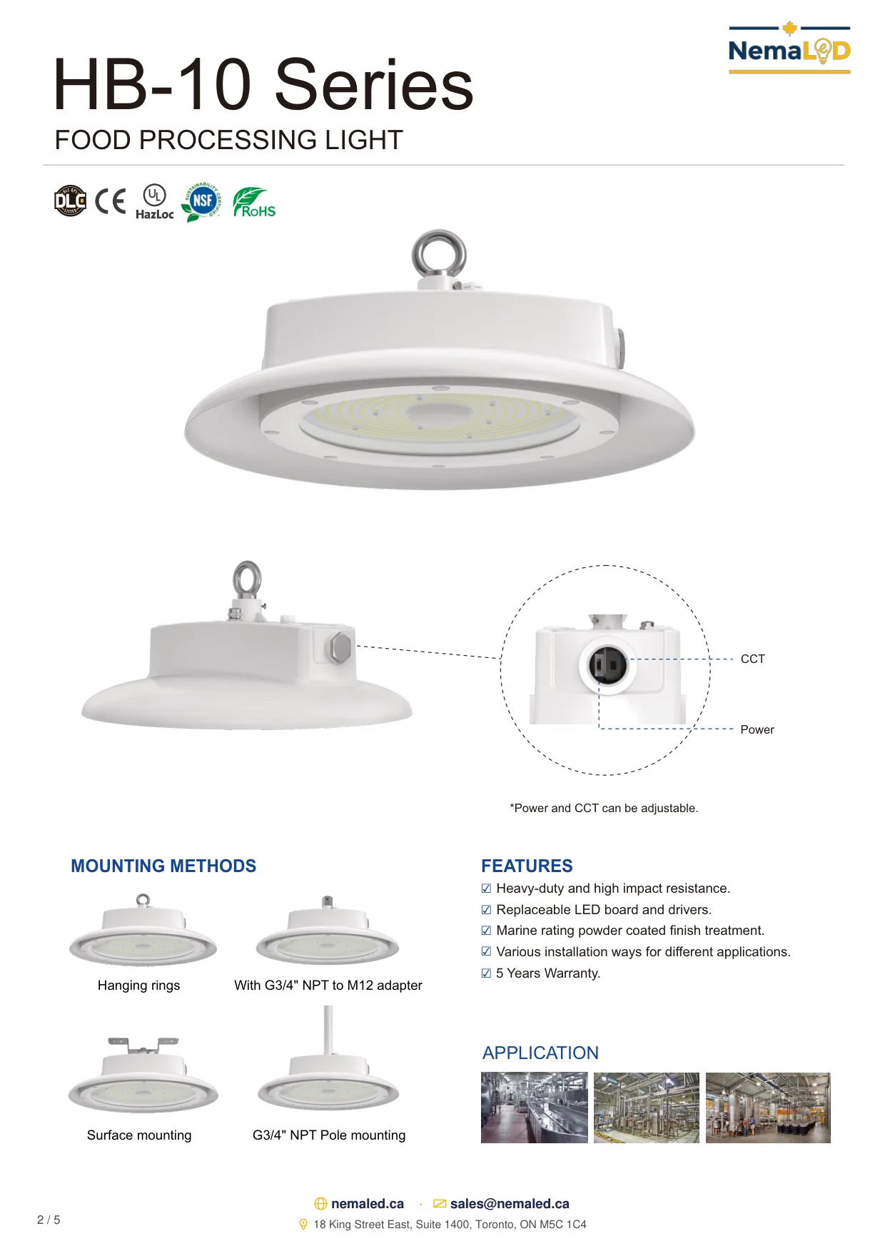 HB-10 IP69K Food Processing High Bay spec sheet, page 2 of 5