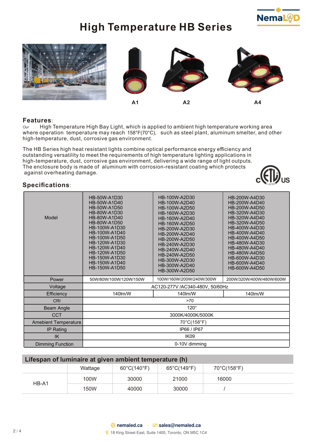 HB-A High-Temperature High Bay spec sheet, page 2 of 4