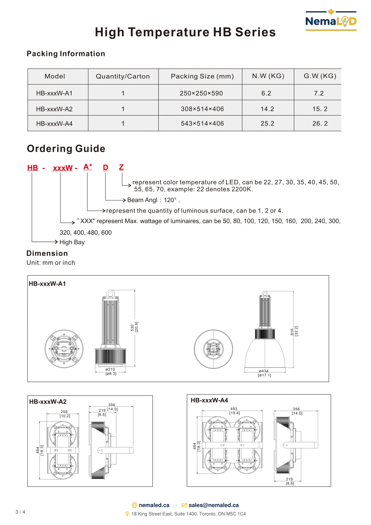 HB-A High-Temperature High Bay spec sheet, page 3 of 4
