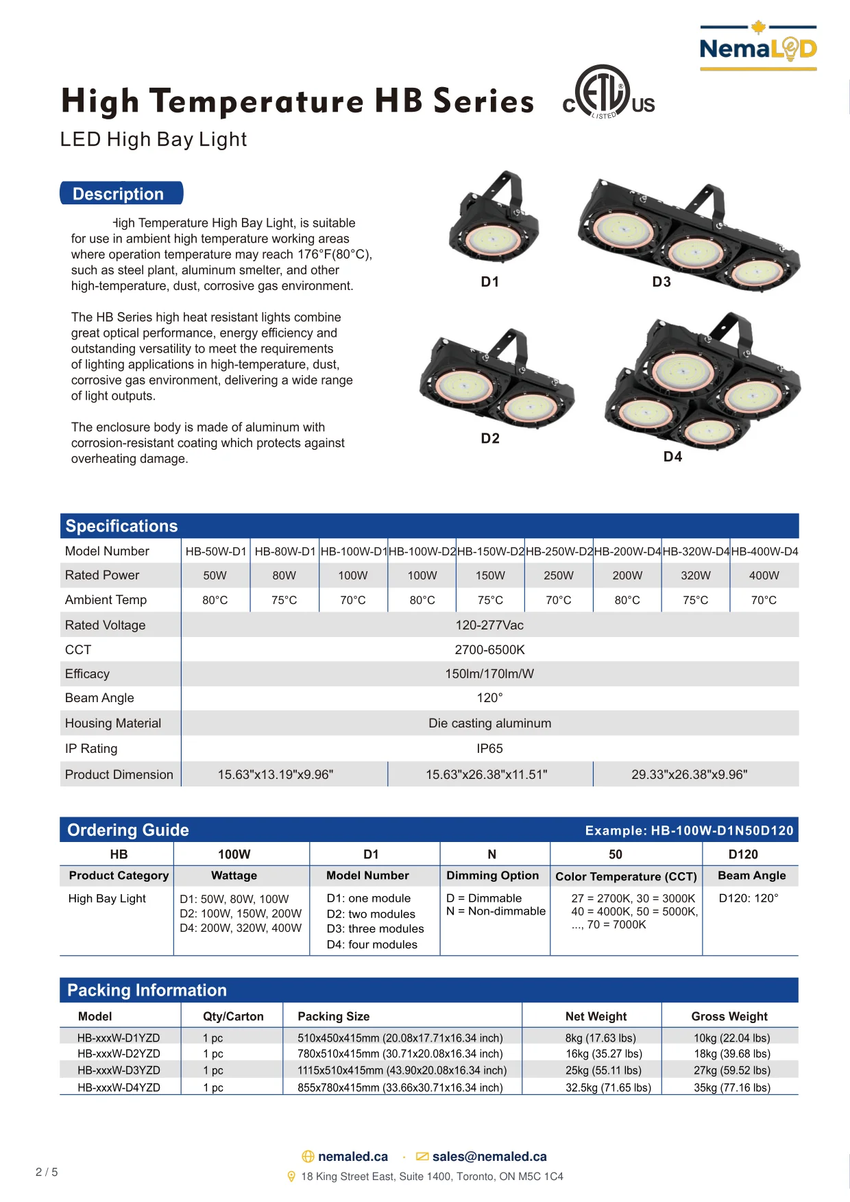 HB-D High-Temperature High Bay spec sheet, page 2 of 5