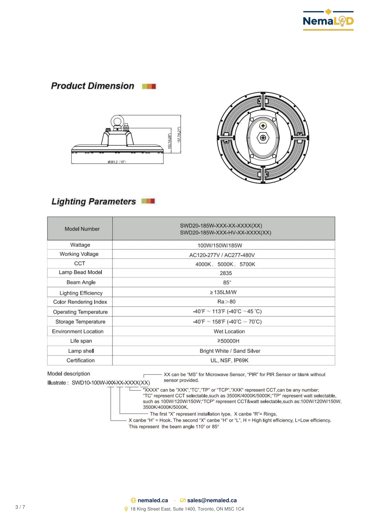 SWD IP69K Wash-Down High Bay spec sheet, page 3 of 7