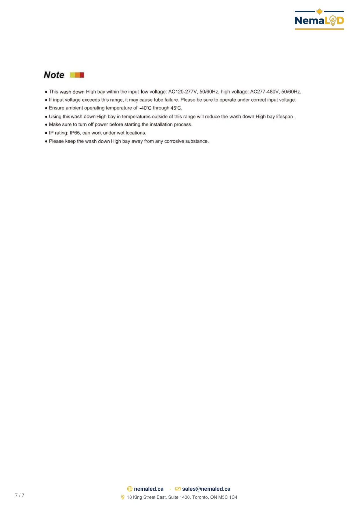 SWD IP69K Wash-Down High Bay spec sheet, page 7 of 7
